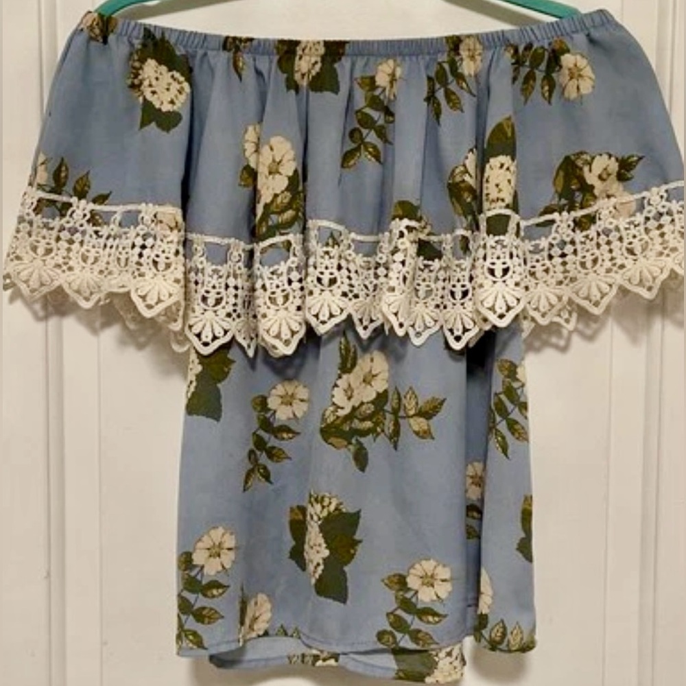 Say What?‎ Cold Shoulder Floral Lace Trim Top Off‑Shoulder Boho Blouse Size M - Picture 3 of 10